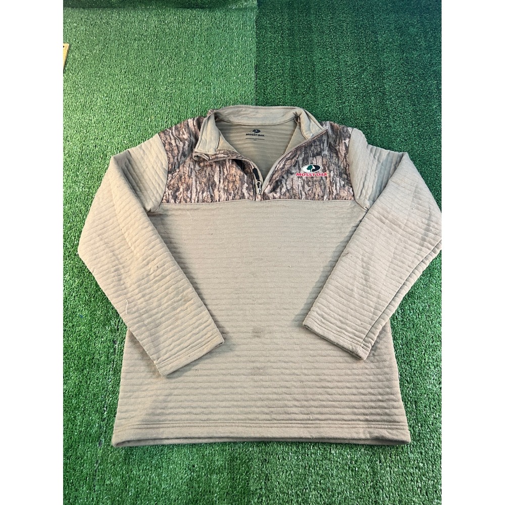 Mossy Oak Mens Medium Tan Ribbed Quarter Zip Pullover Camo Accent